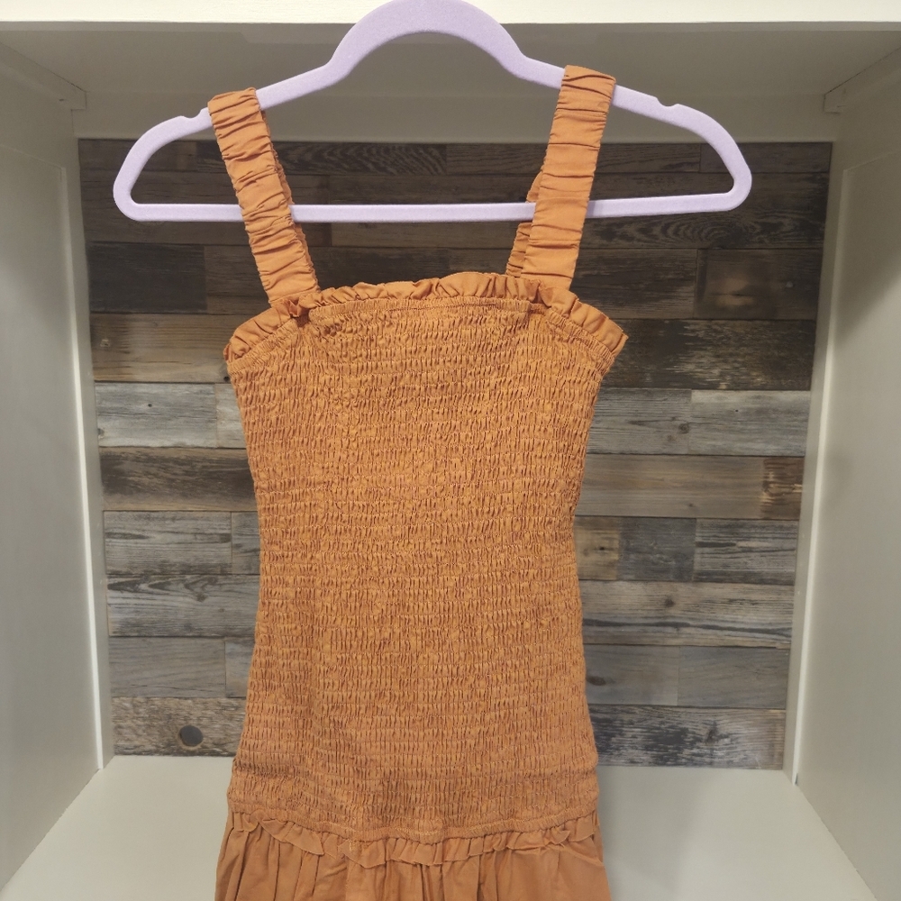 HYFVE Square Neck Midi Dress in Rich Tan Cinched Bodice W/Side Zipper& Side Slit - Picture 10 of 13